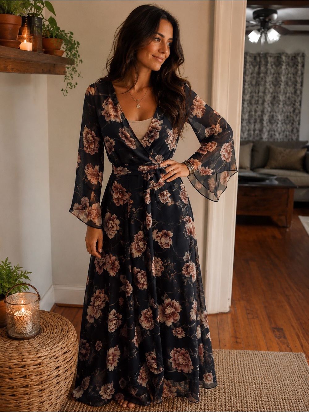 Boho Navy Floral Maxi Dress | Sheer Bell Sleeves | Romantic